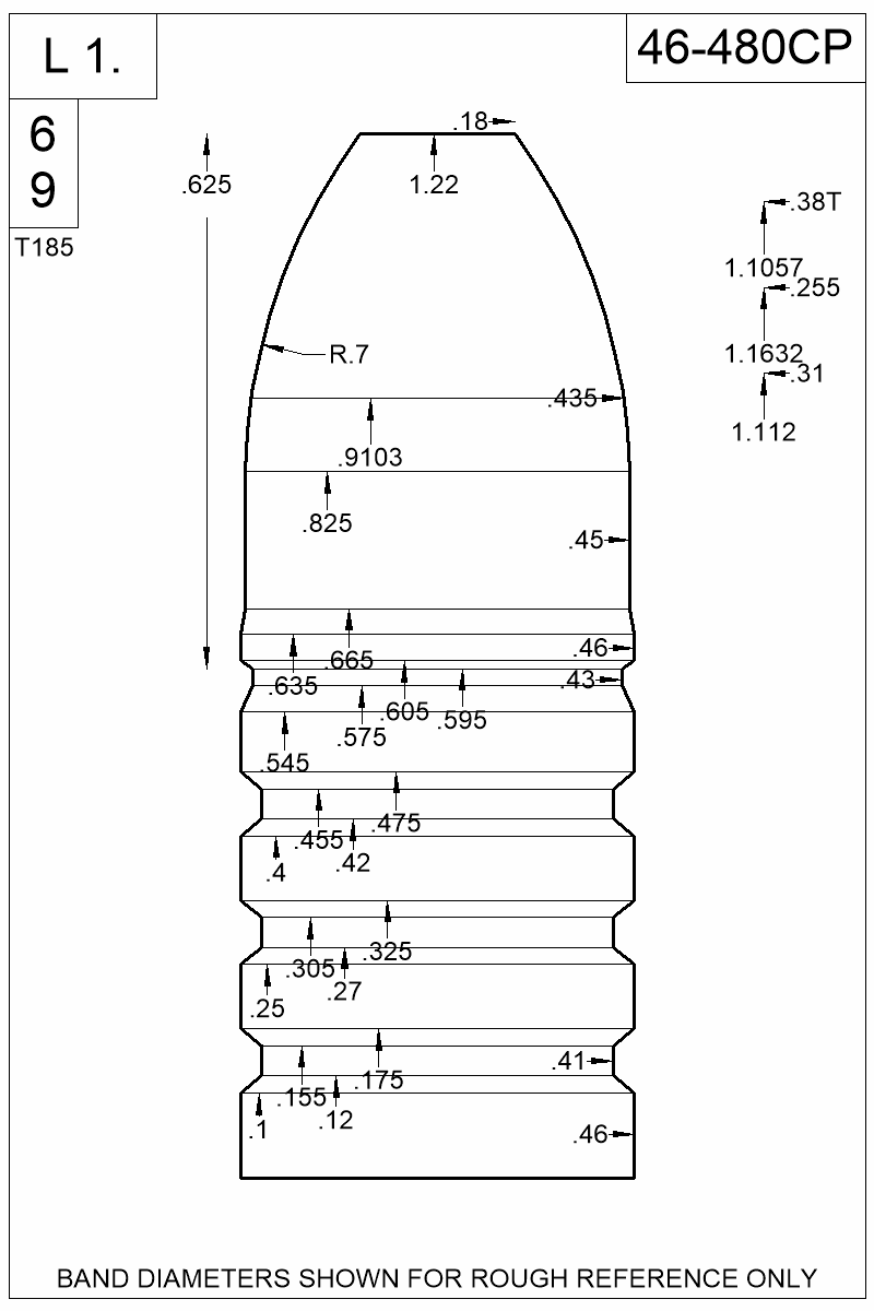 Dimensioned view of bullet 46-480CP