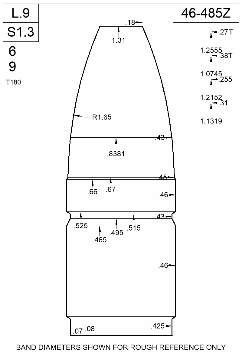 Dimensioned view of bullet 46-485Z