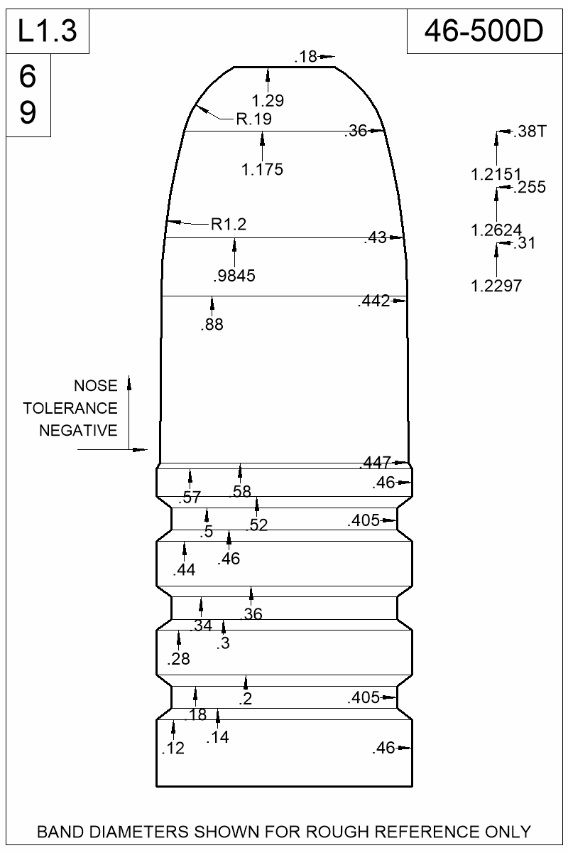 Dimensioned view of bullet 46-500D