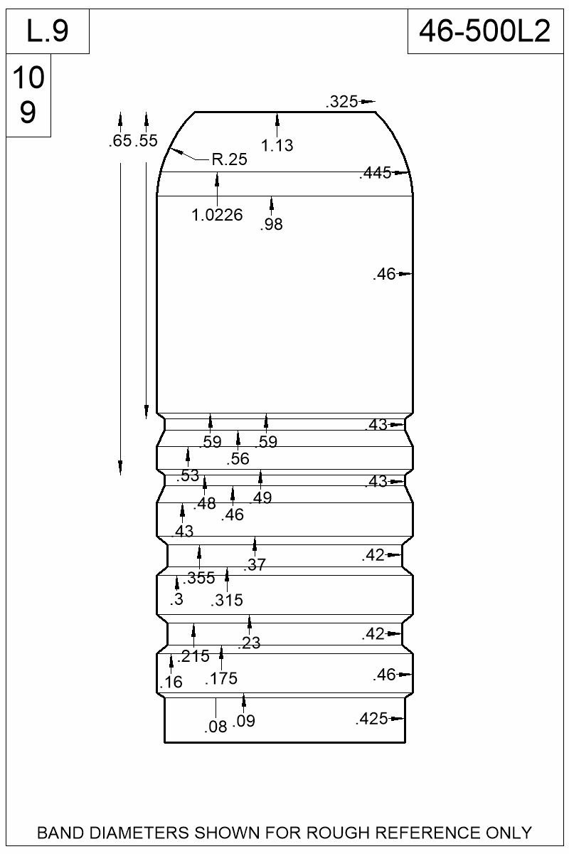 Accurate Molds catalog #46-500L2 Dimensioned view of bullet 46-500L2