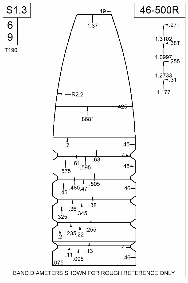 Accurate Molds catalog #46-500R Dimensioned view of bullet 46-500R