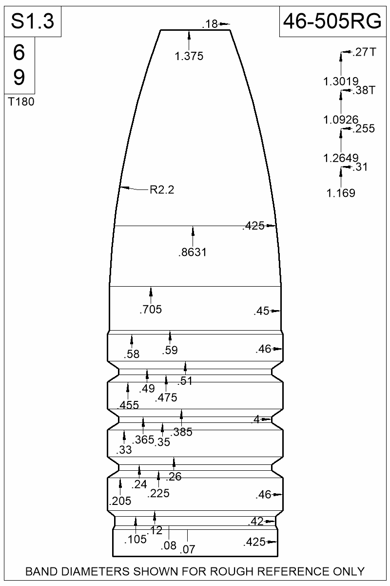 Accurate Molds catalog #46-505RG Dimensioned view of bullet 46-505RG