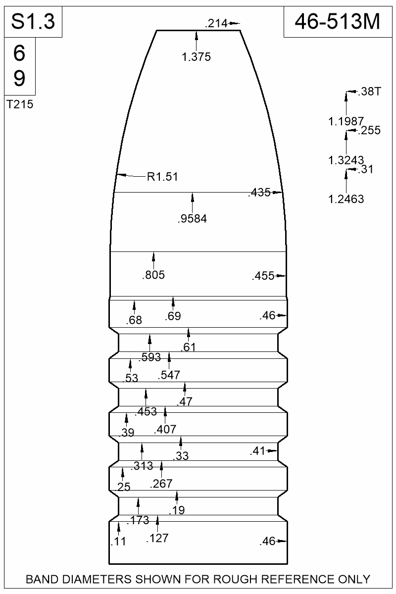 Accurate Molds catalog #46-513M Dimensioned view of bullet 46-513M