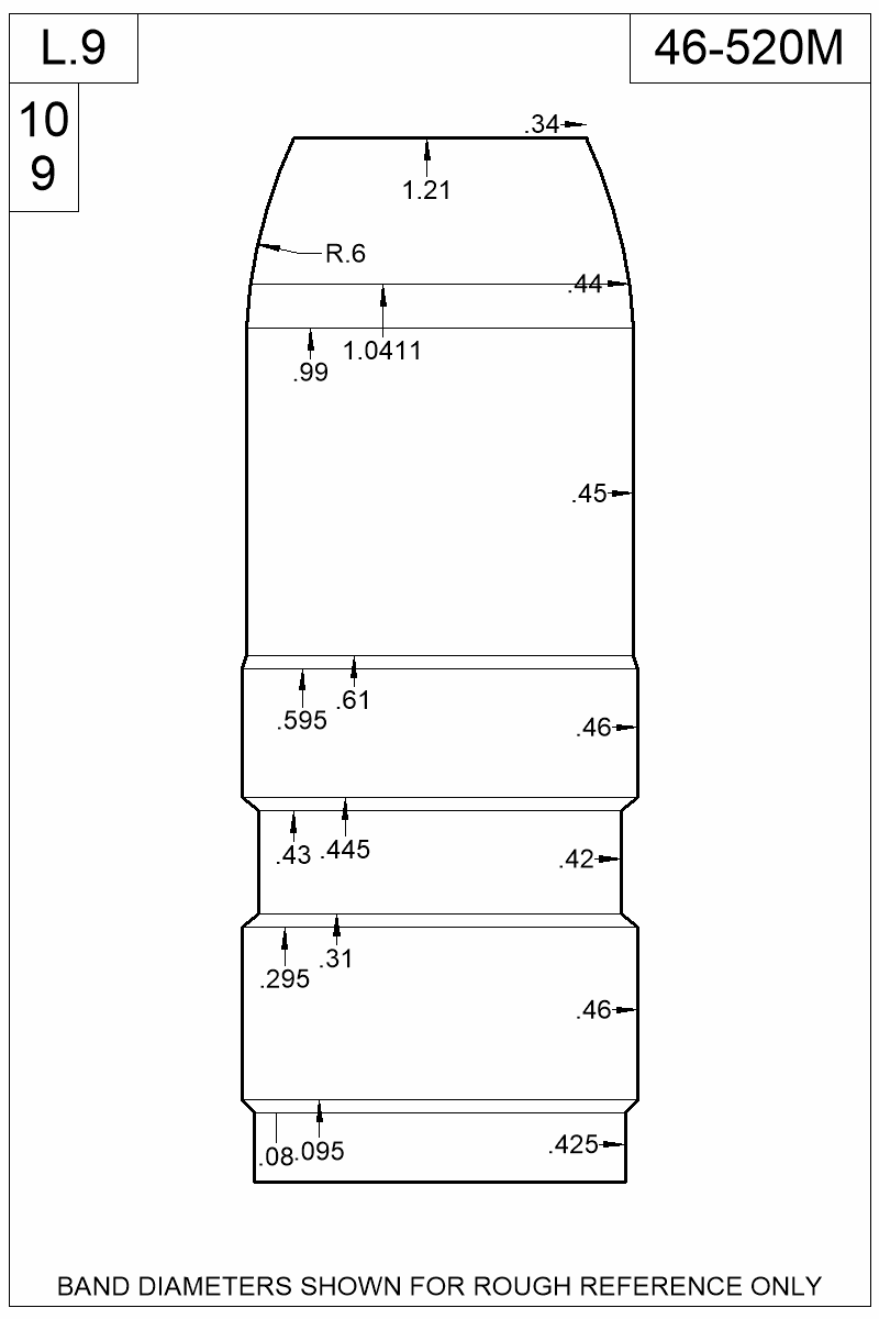 Accurate Molds catalog #46-520M Dimensioned view of bullet 46-520M