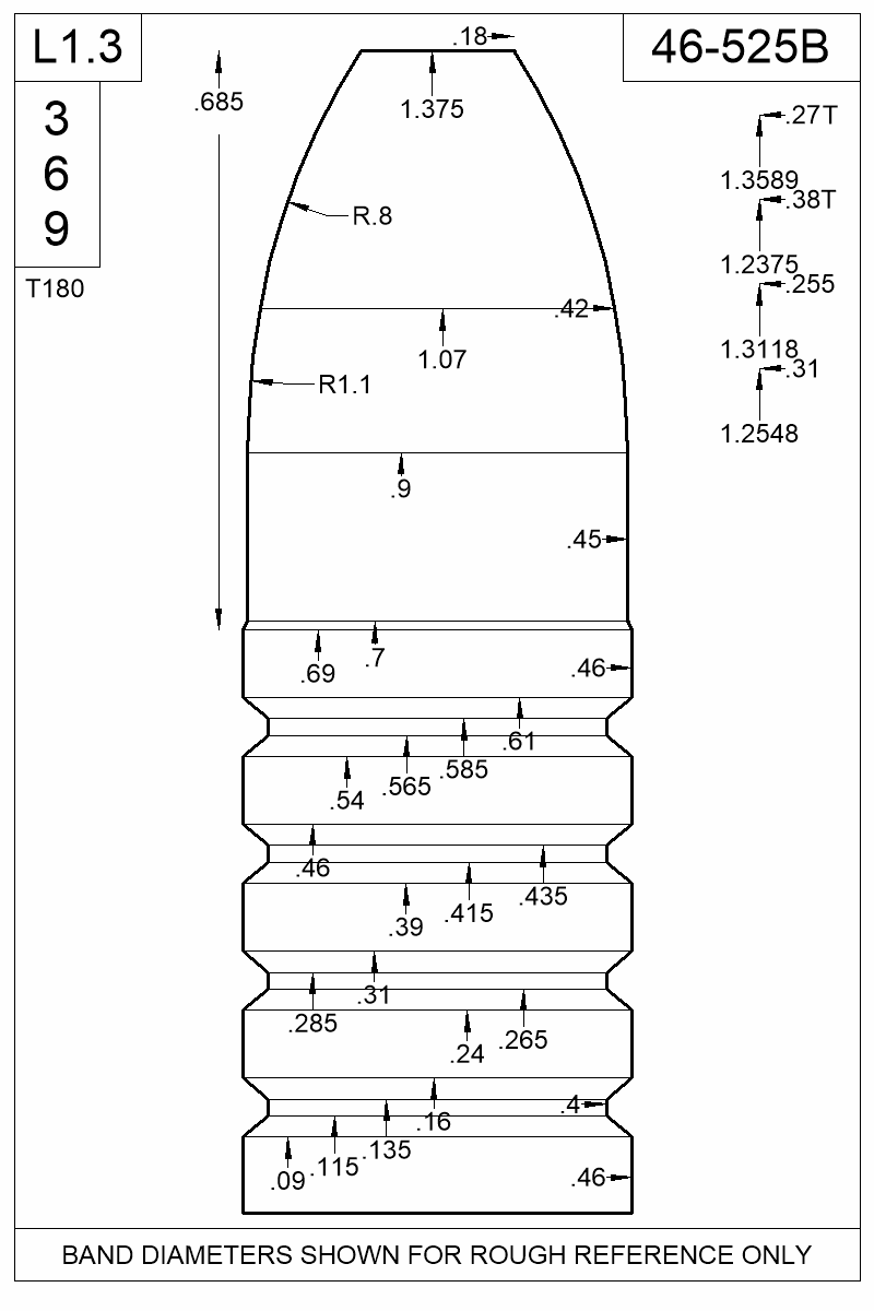 Dimensioned view of bullet 46-525B