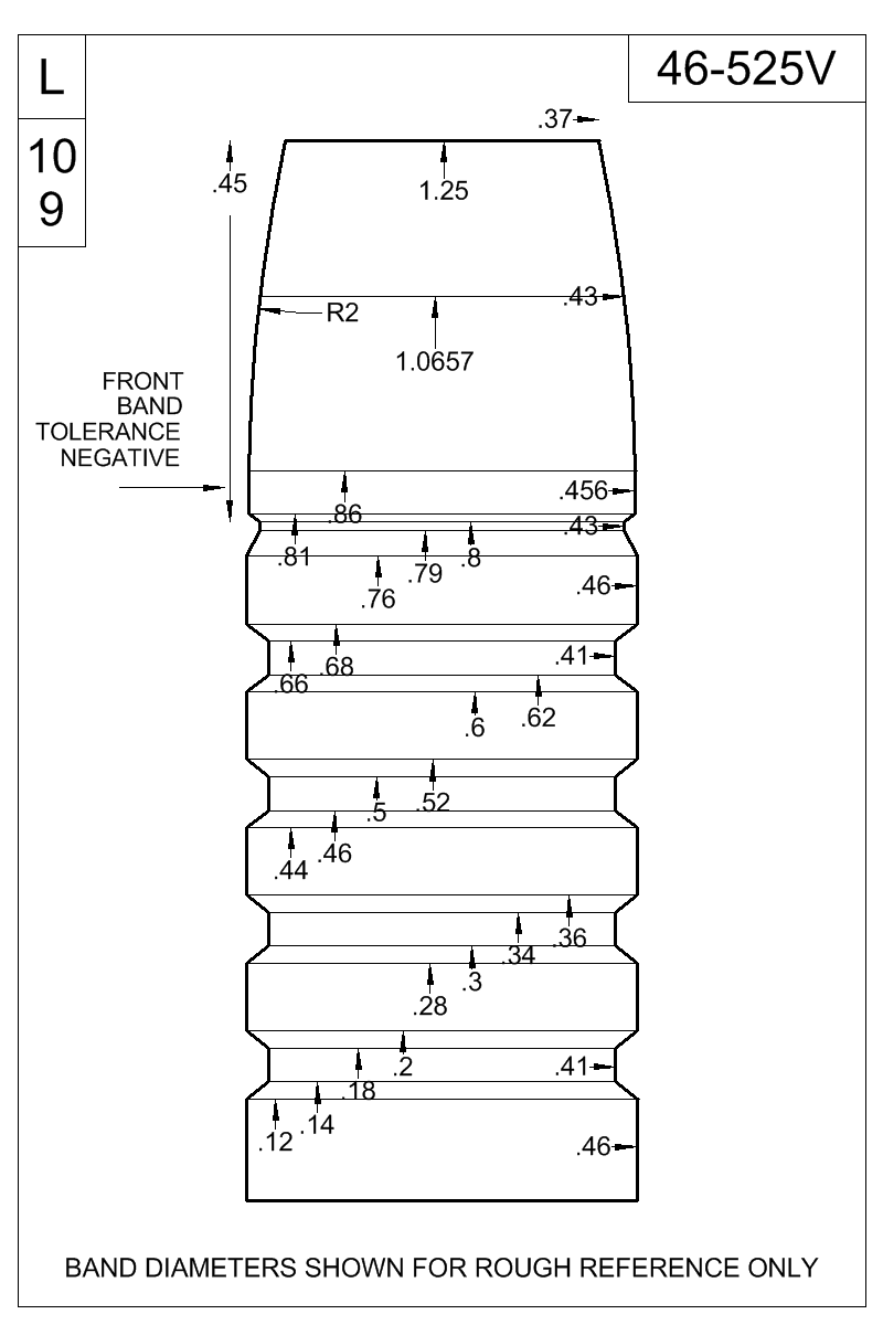 Accurate Molds catalog #46-525V Dimensioned view of bullet 46-525V