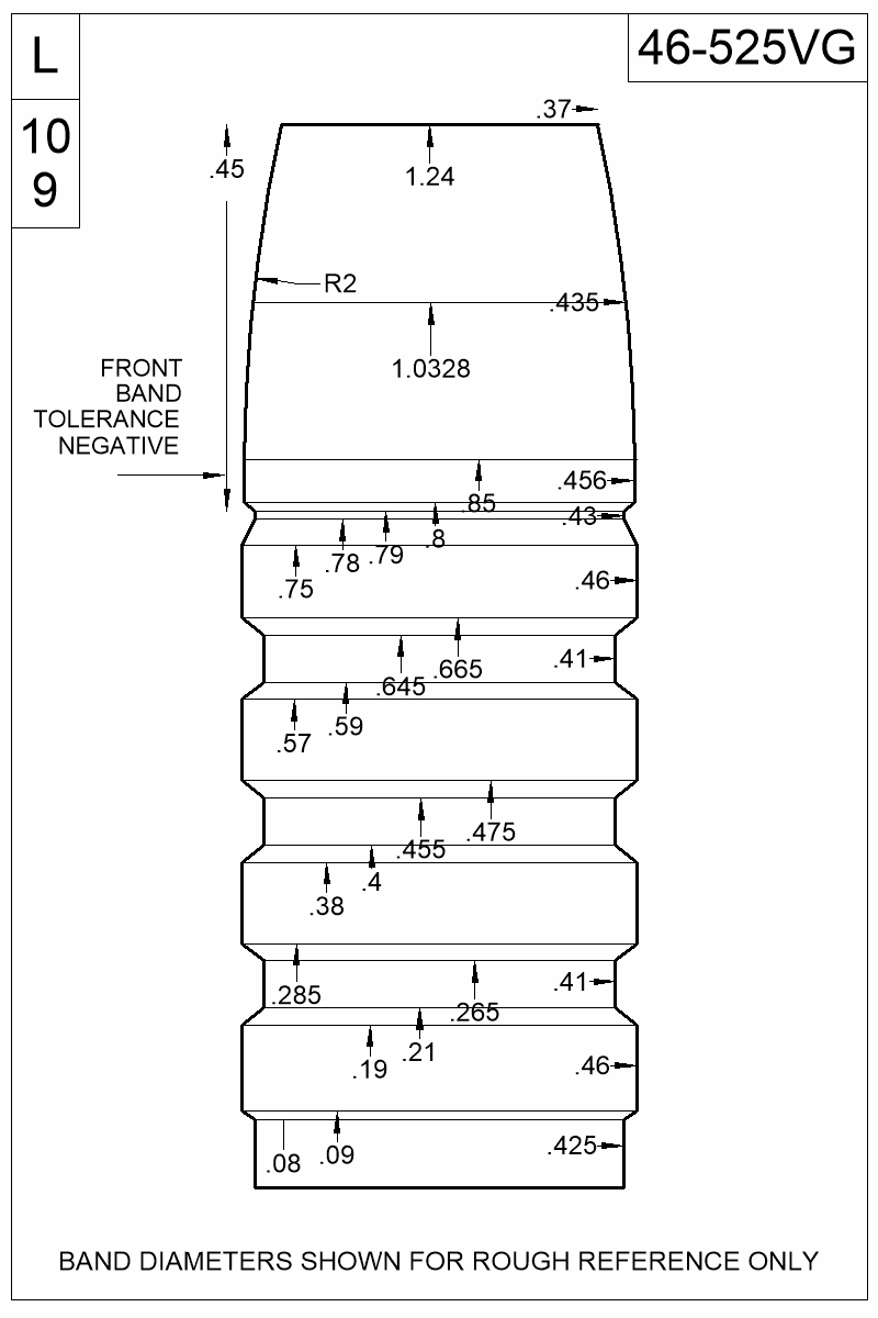 Accurate Molds catalog #46-525VG Dimensioned view of bullet 46-525VG