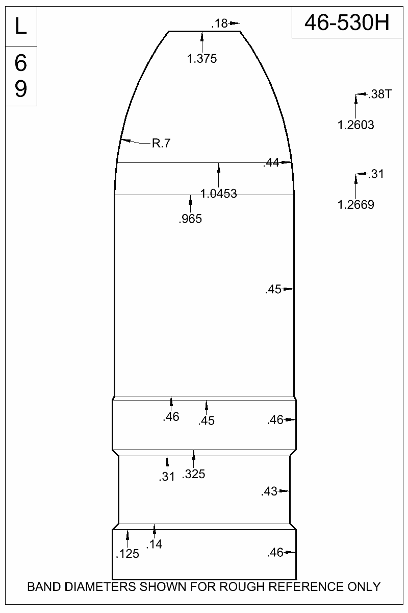 Accurate Molds catalog #46-530H Dimensioned view of bullet 46-530H