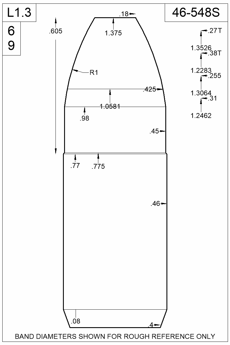 Dimensioned view of bullet 46-548S
