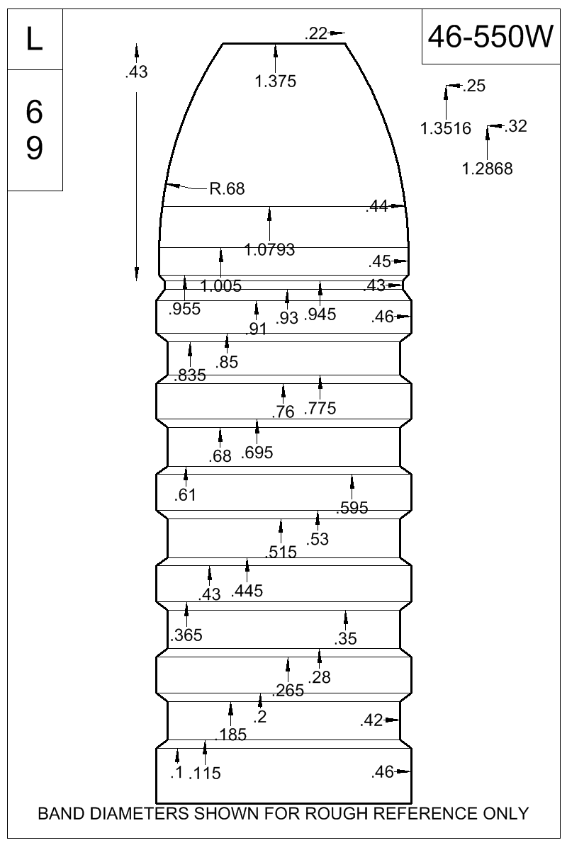 Accurate Molds catalog #46-550W Dimensioned view of bullet 46-550W