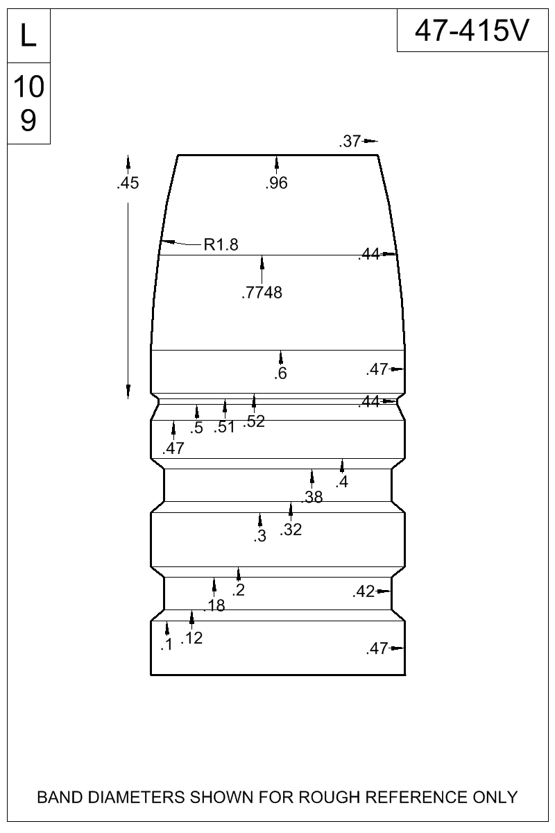 Accurate Molds catalog #47-415V Dimensioned view of bullet 47-415V