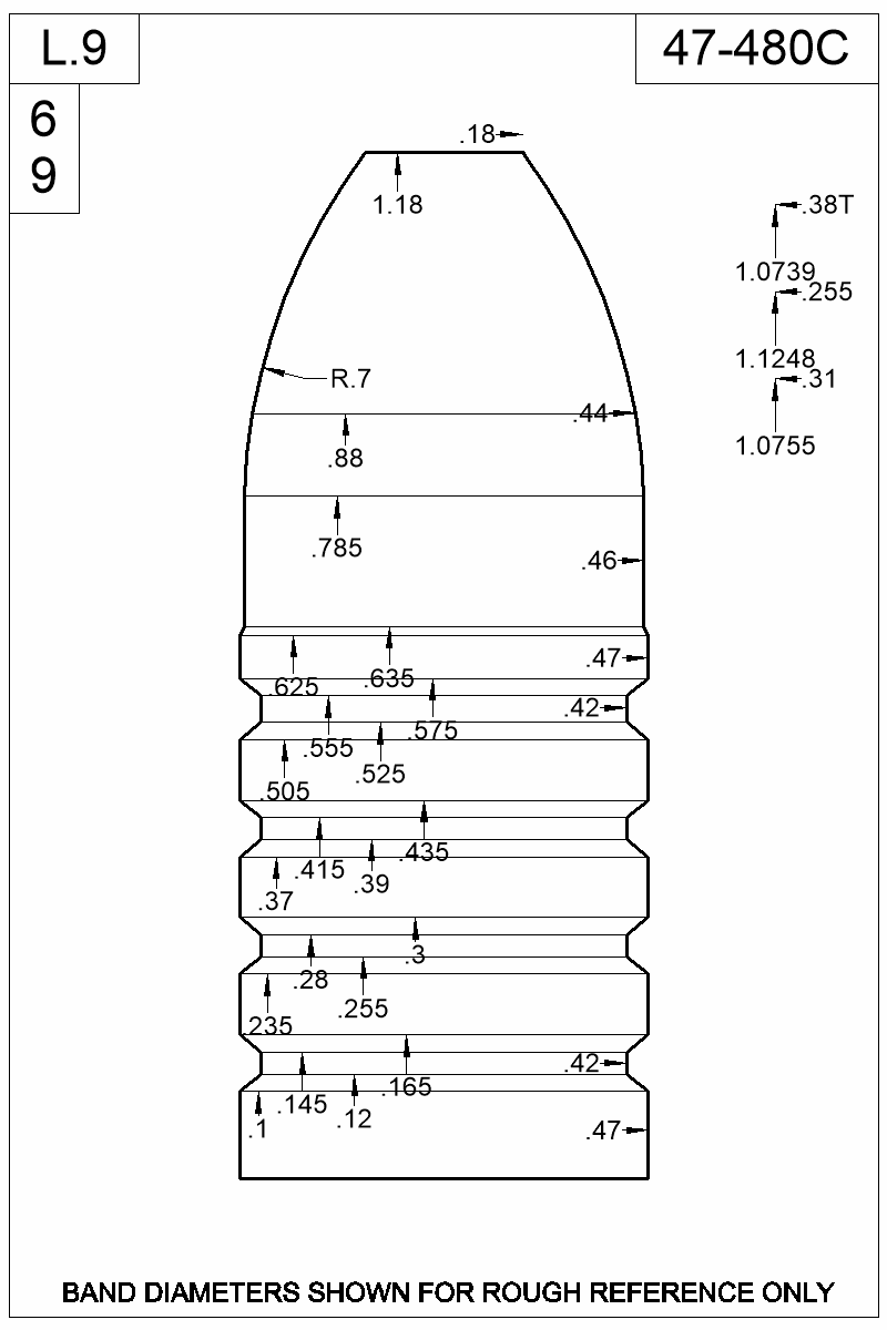 Accurate Molds catalog #47-480C Dimensioned view of bullet 47-480C
