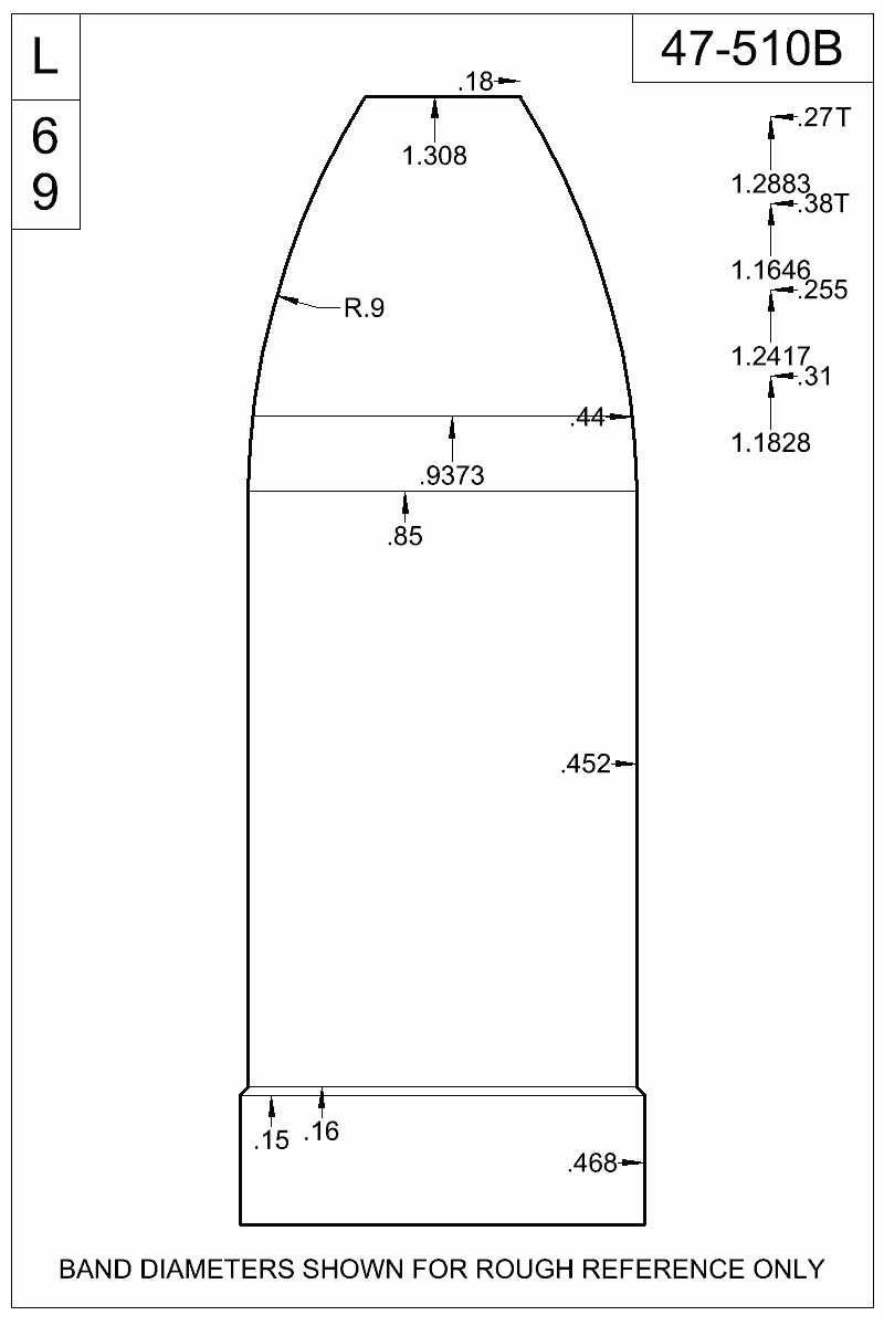 Accurate Molds catalog #47-510B Dimensioned view of bullet 47-510B