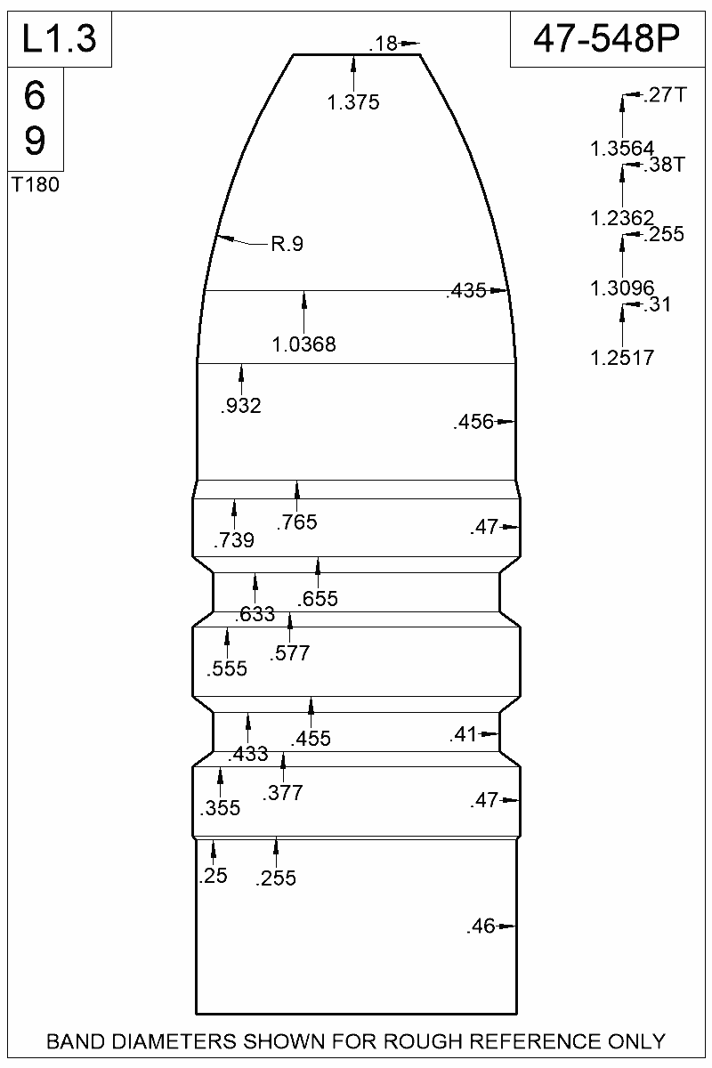 Dimensioned view of bullet 47-548P