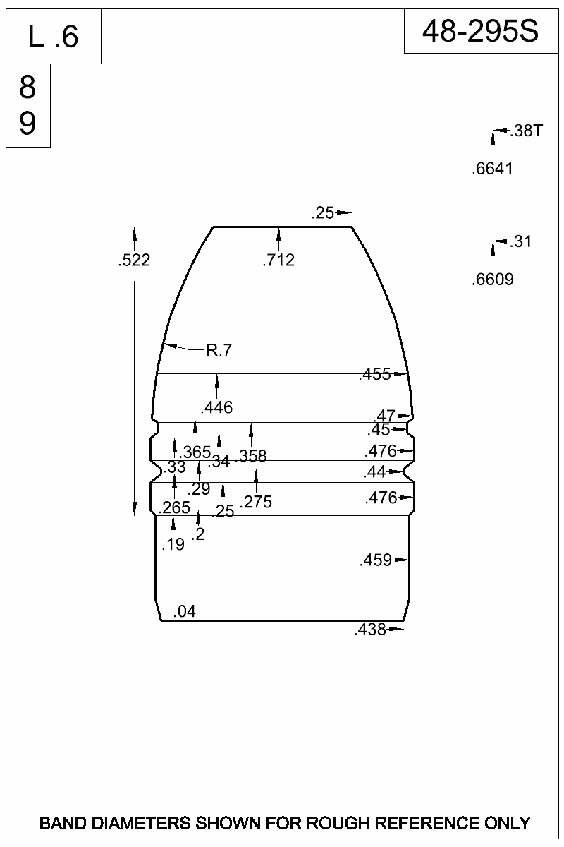 Accurate Molds catalog #48-295S Dimensioned view of bullet 48-295S