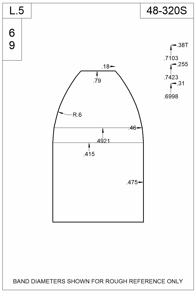 Accurate Molds catalog #48-320S Dimensioned view of bullet 48-320S
