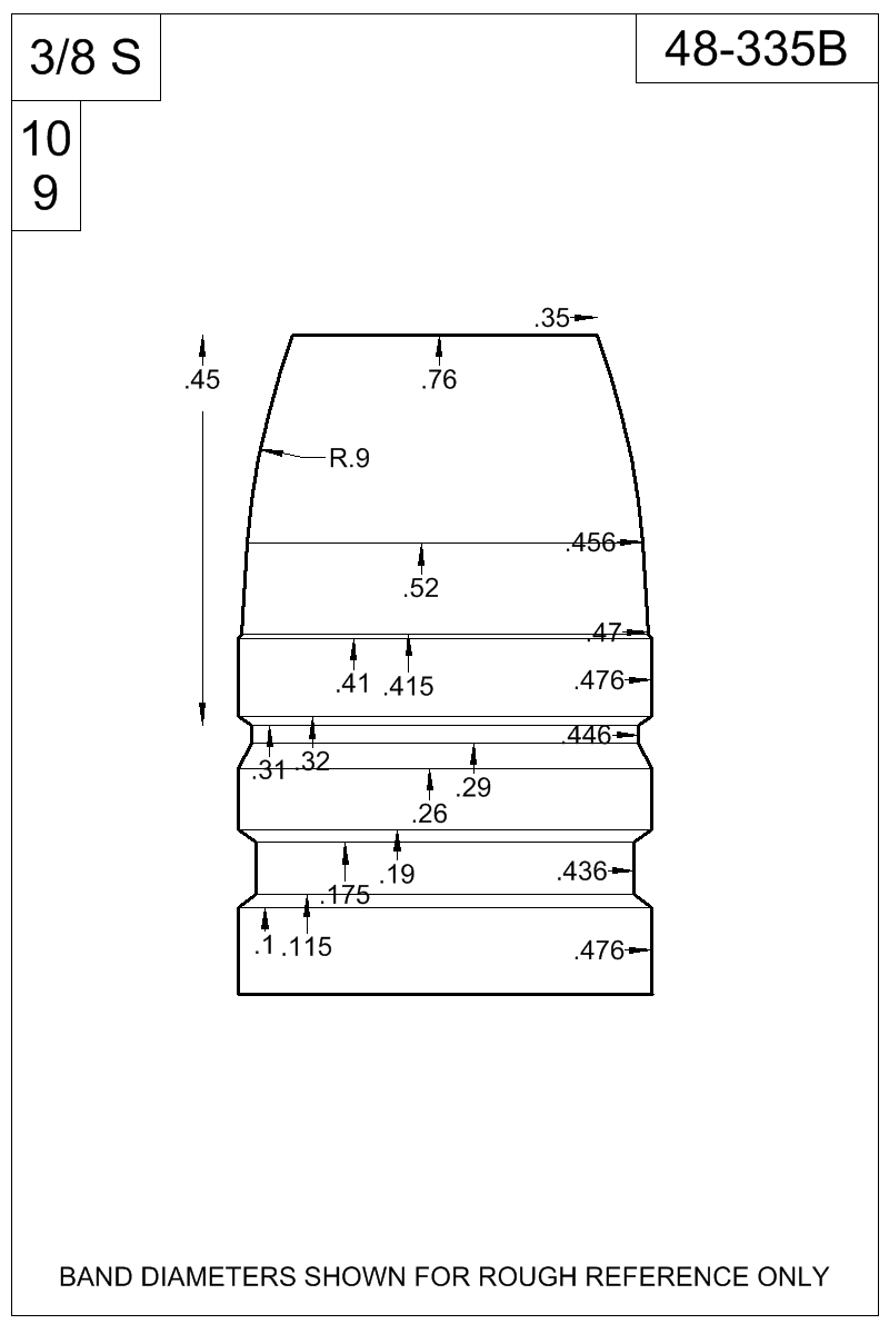 Accurate Molds catalog #48-335B Dimensioned view of bullet 48-335B