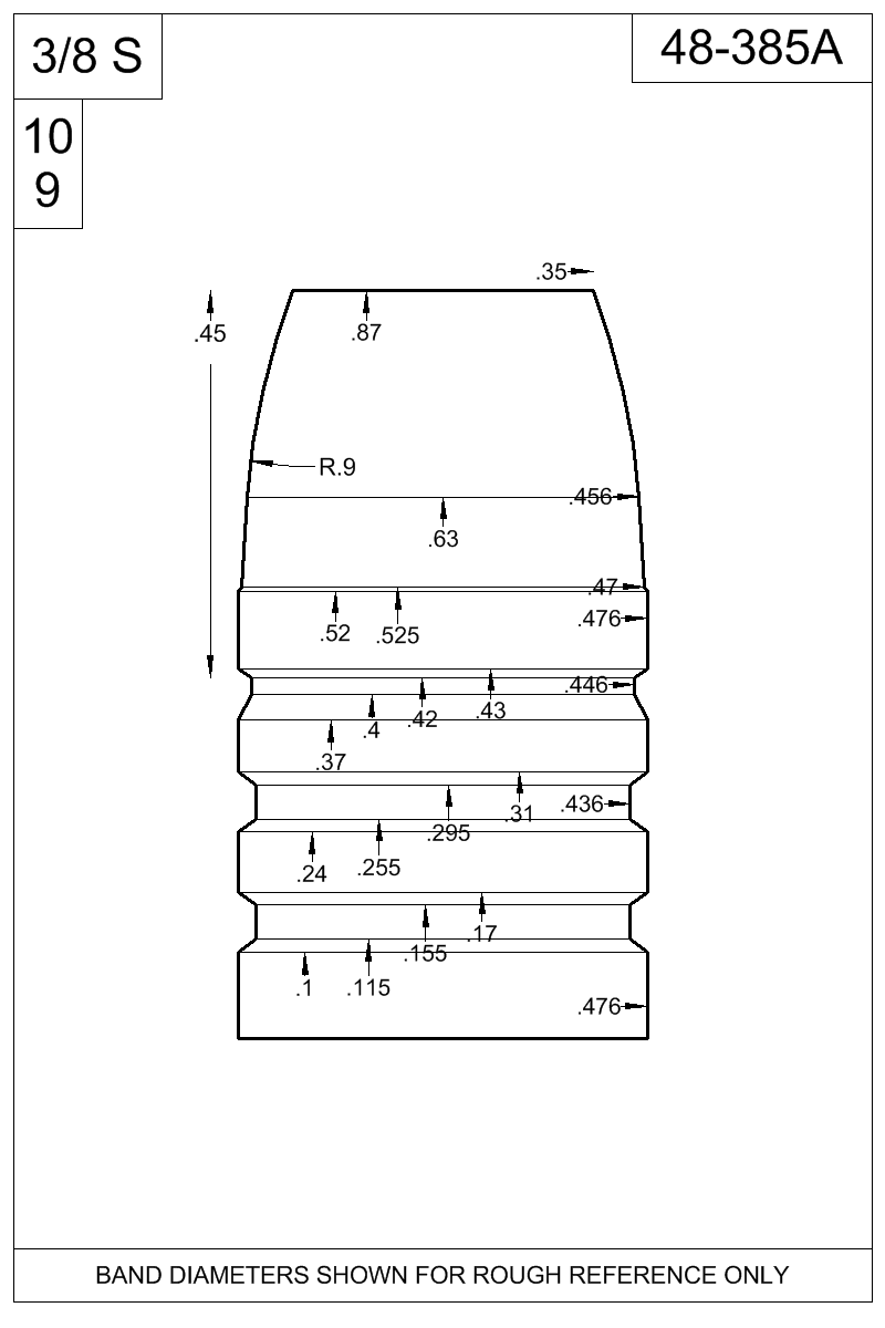 Accurate Molds catalog #48-385A Dimensioned view of bullet 48-385A