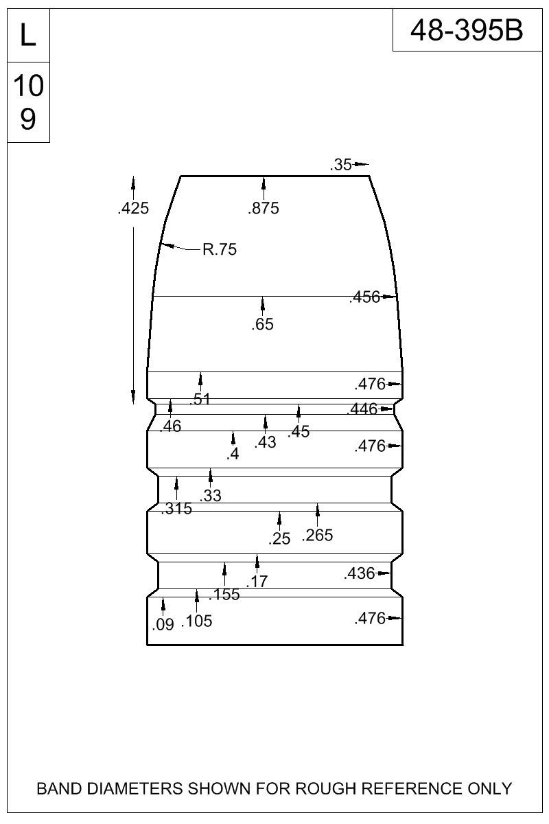 Accurate Molds catalog #48-395B Dimensioned view of bullet 48-395B