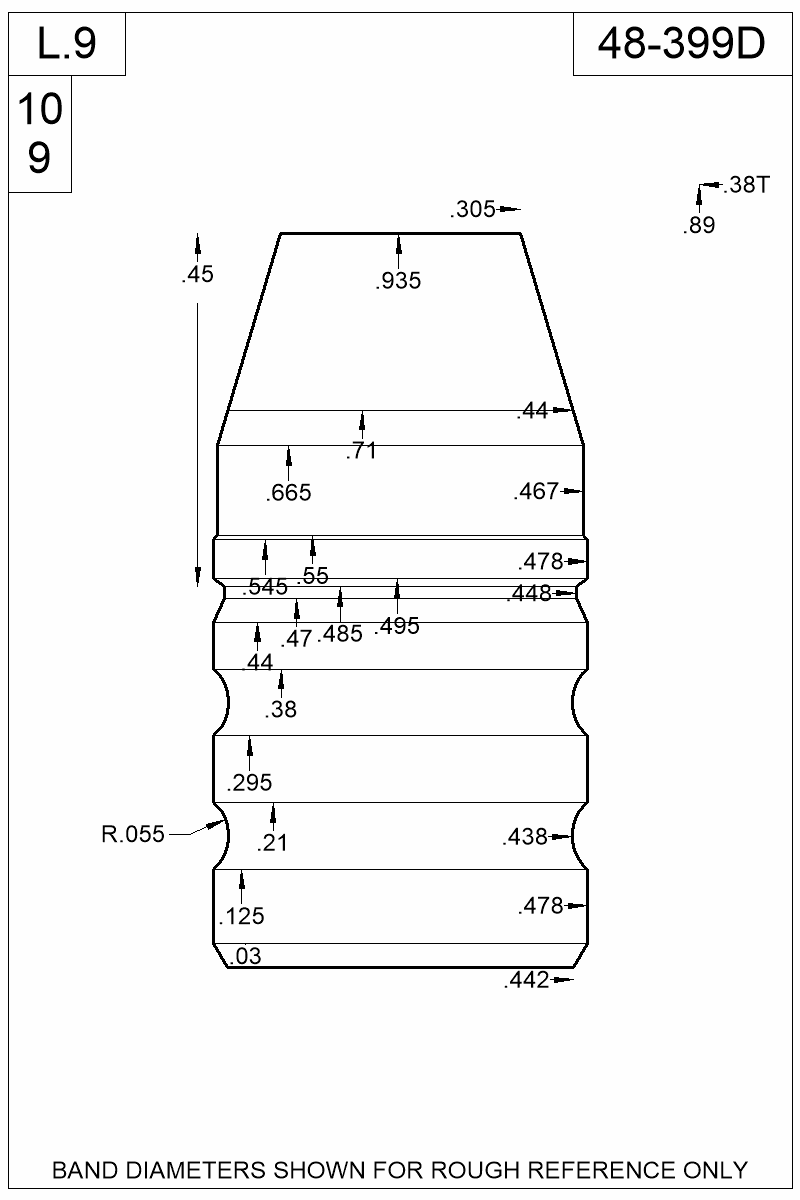 Accurate Molds catalog #48-399D Dimensioned view of bullet 48-399D