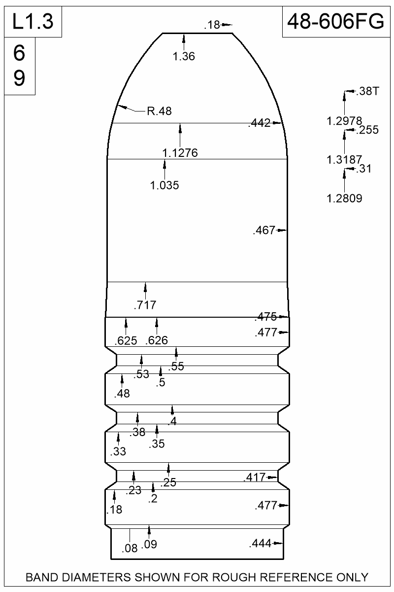 Dimensioned view of bullet 48-606FG
