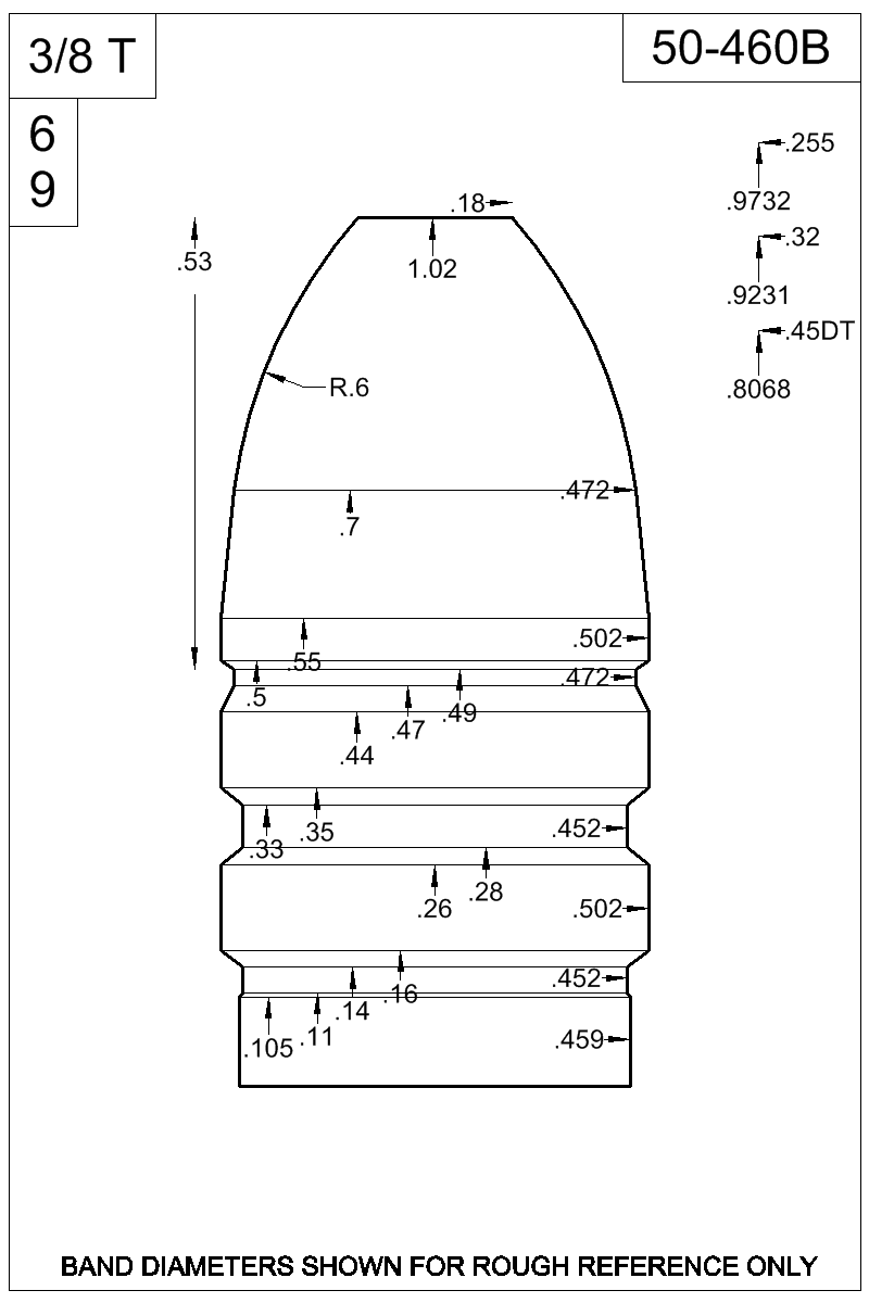 Dimensioned view of bullet 50-460B