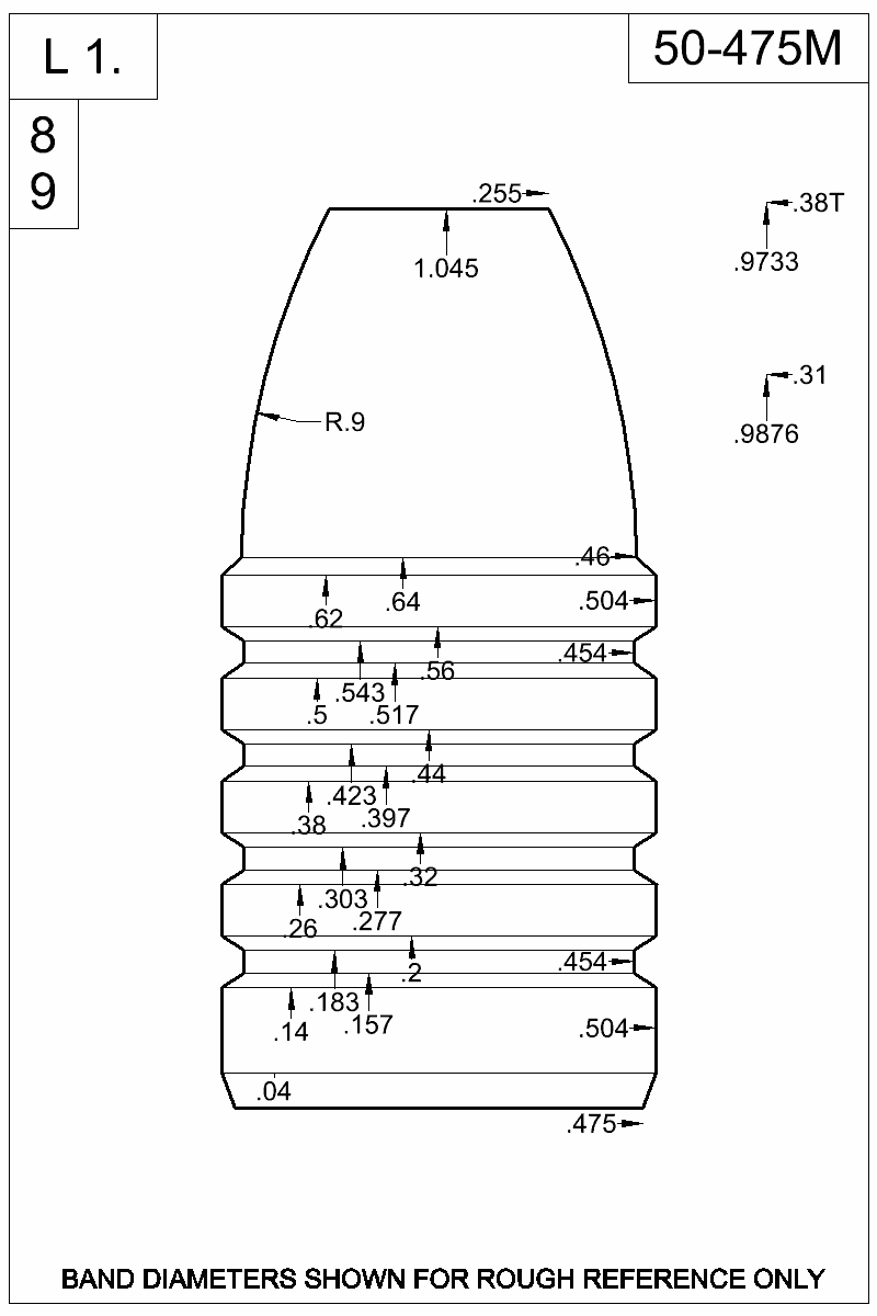 Dimensioned view of bullet 50-475M