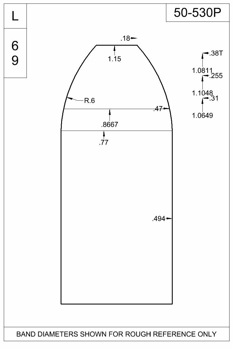 Dimensioned view of bullet 50-530P