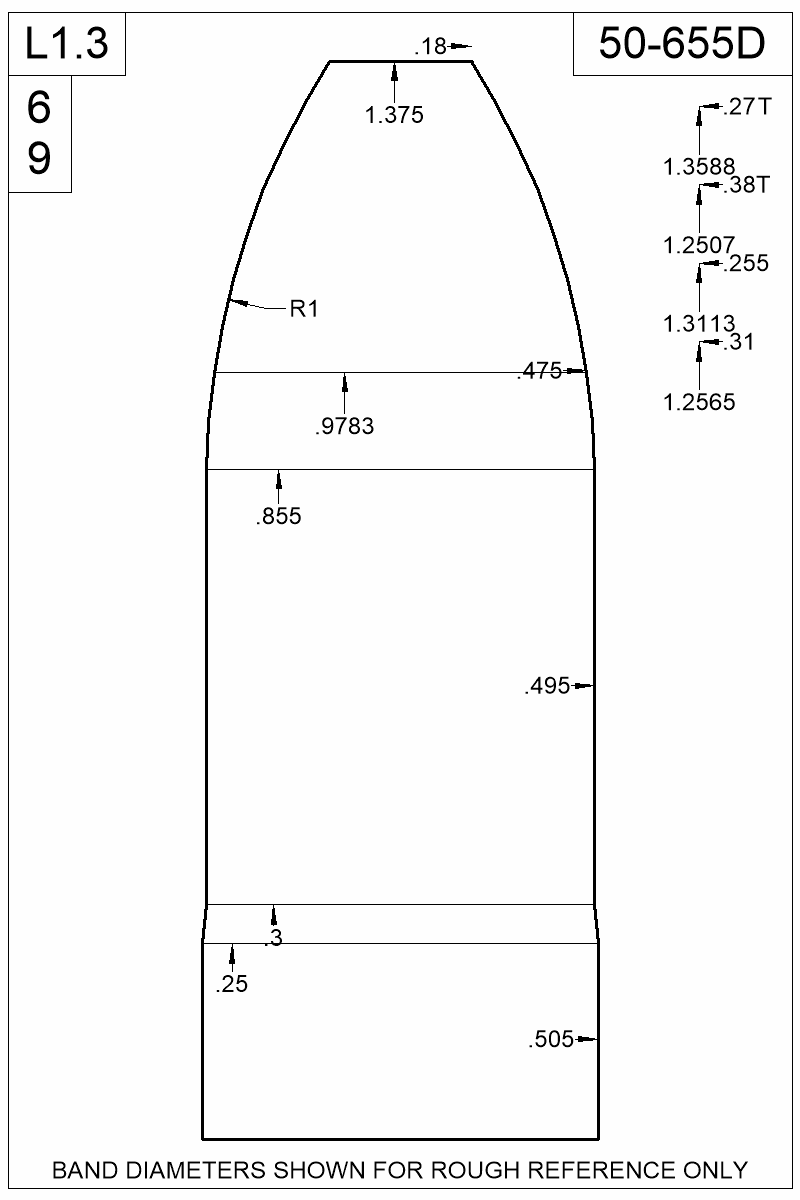 Dimensioned view of bullet 50-655D