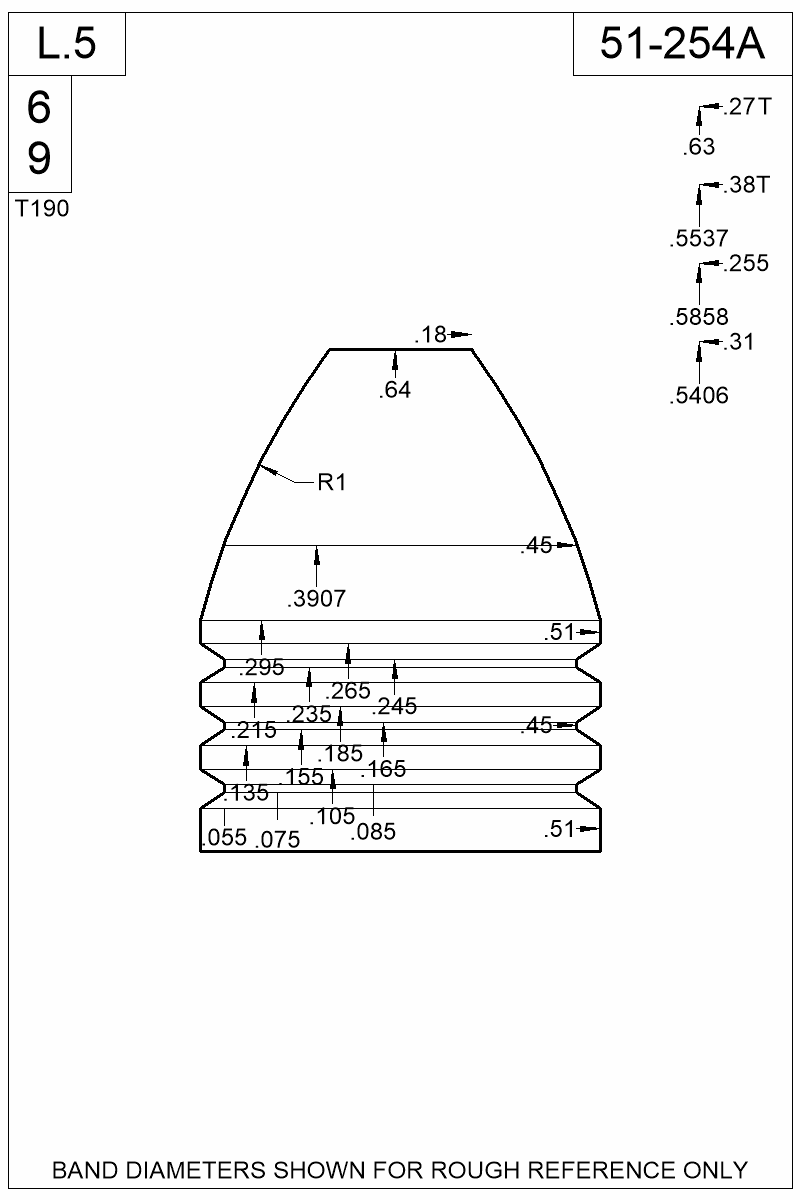 Dimensioned view of bullet 51-254A
