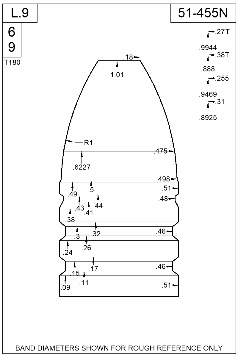 Dimensioned view of bullet 51-455N