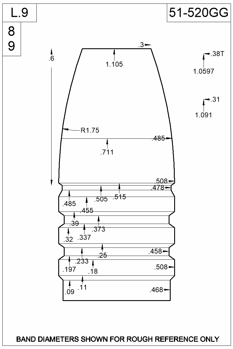 Dimensioned view of bullet 51-520GG