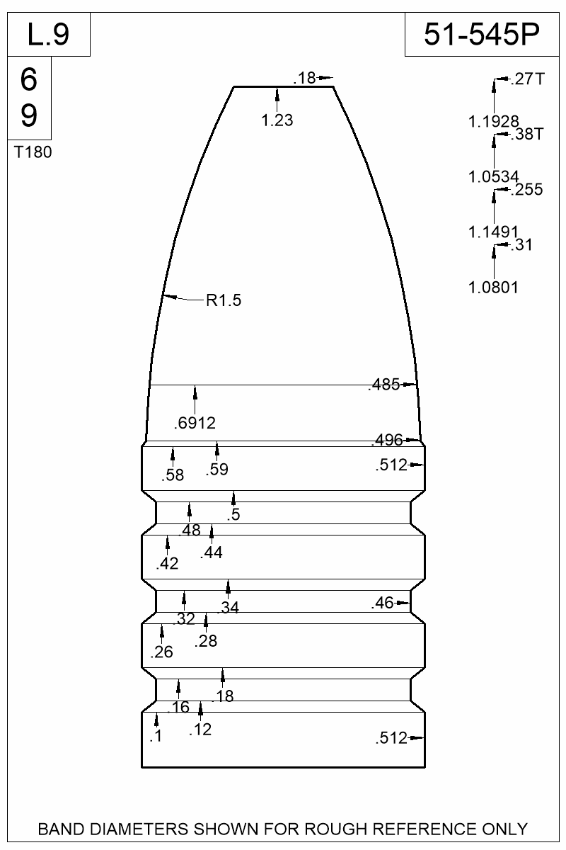 Dimensioned view of bullet 51-545P