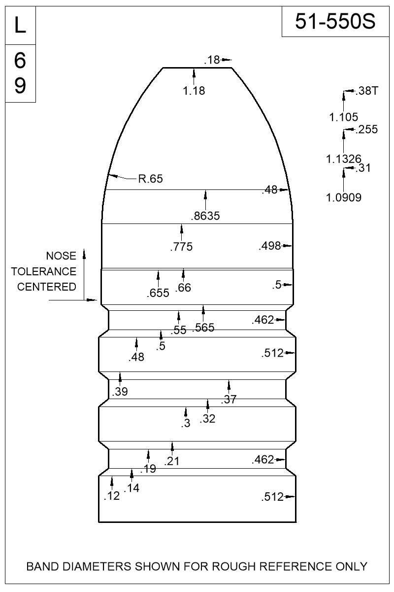 Dimensioned view of bullet 51-550S