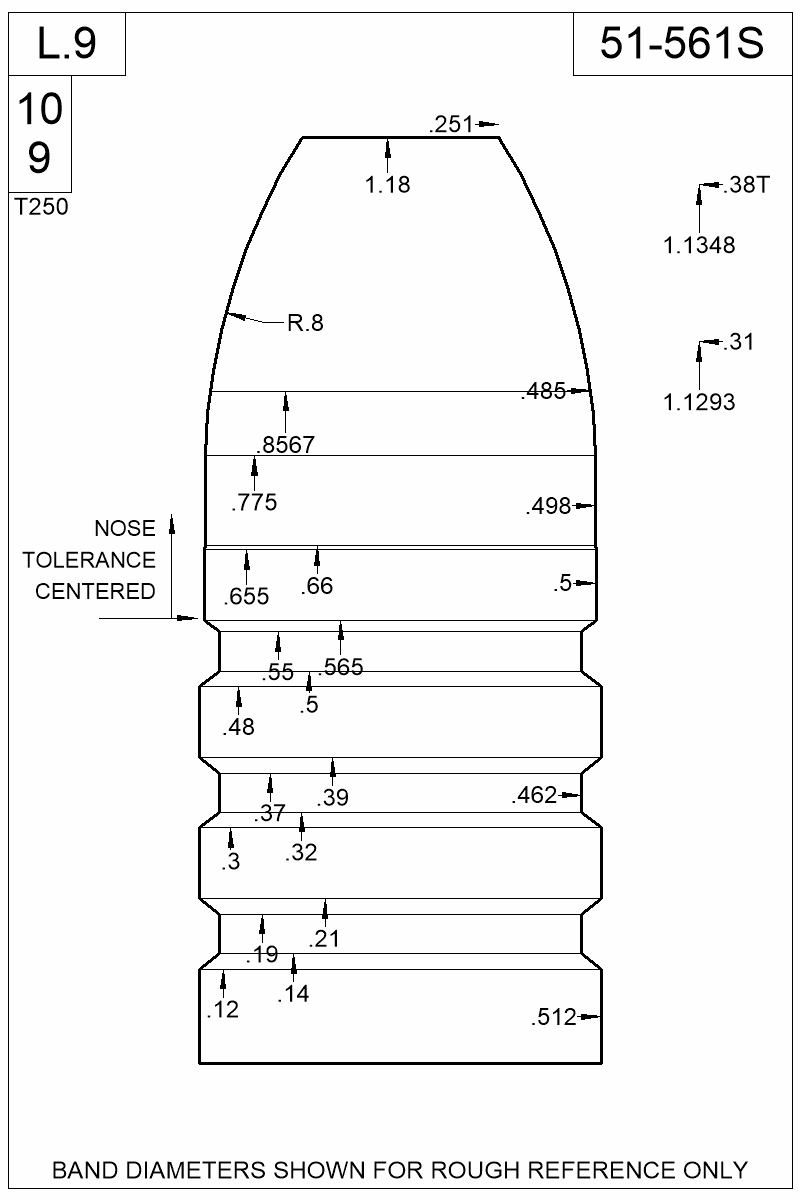 Dimensioned view of bullet 51-561S