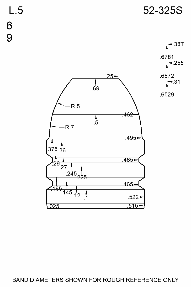 Dimensioned view of bullet 52-325S