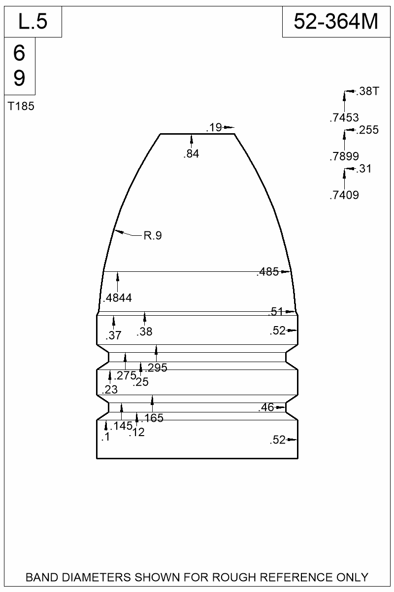 Dimensioned view of bullet 52-364M