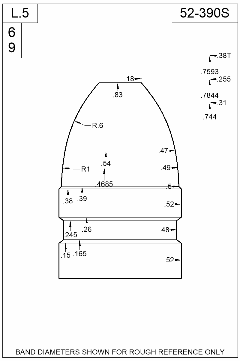 Dimensioned view of bullet 52-390S