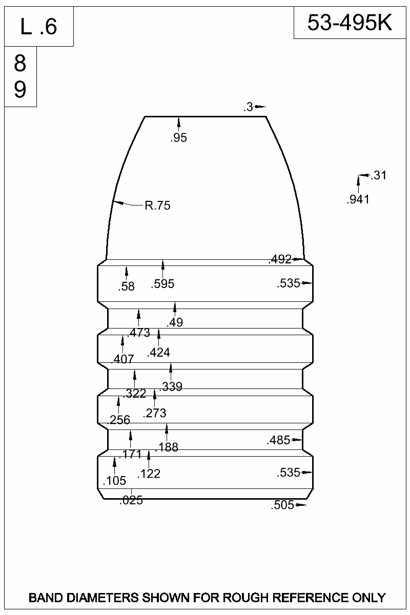 Dimensioned view of bullet 53-495K