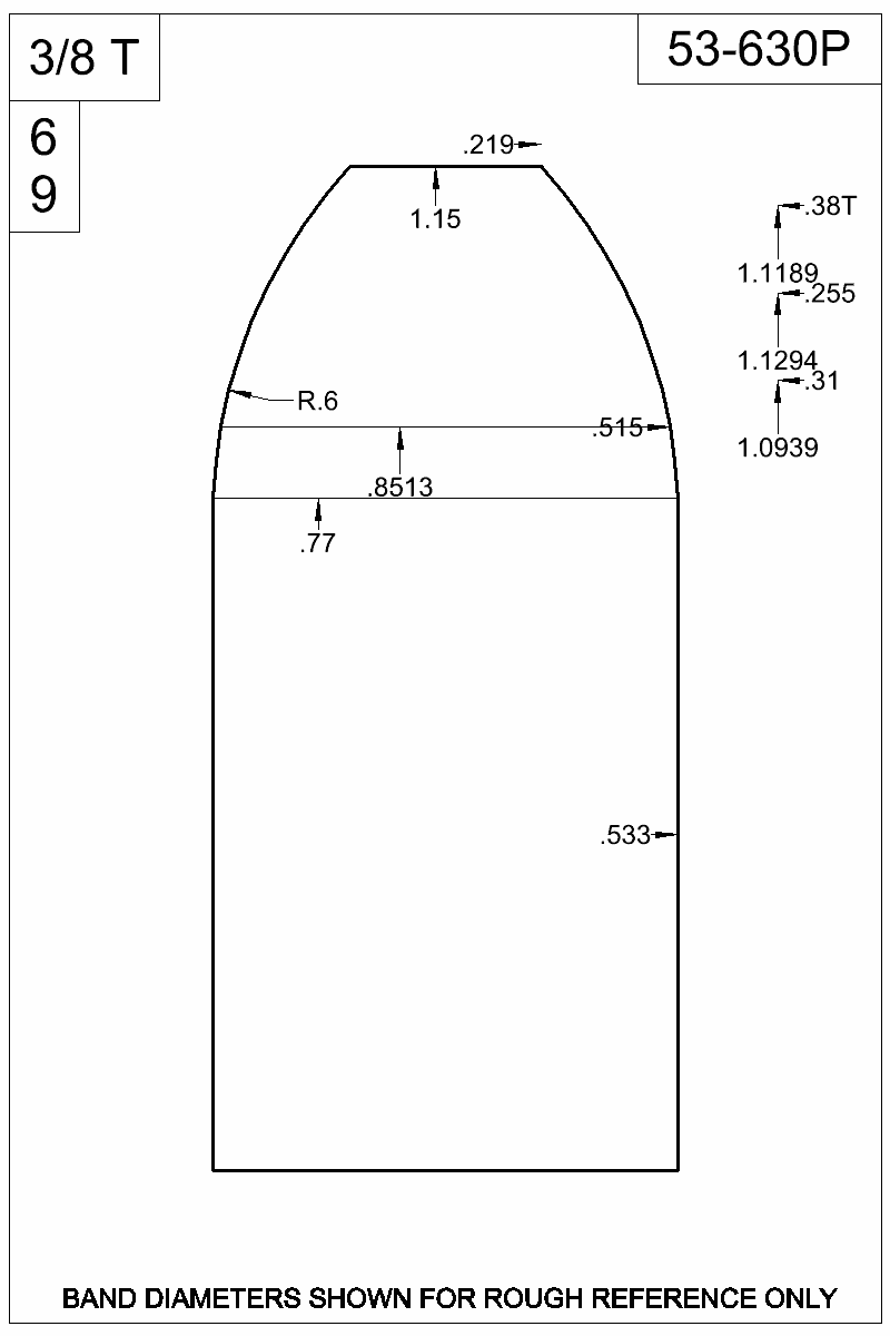 Dimensioned view of bullet 53-630P