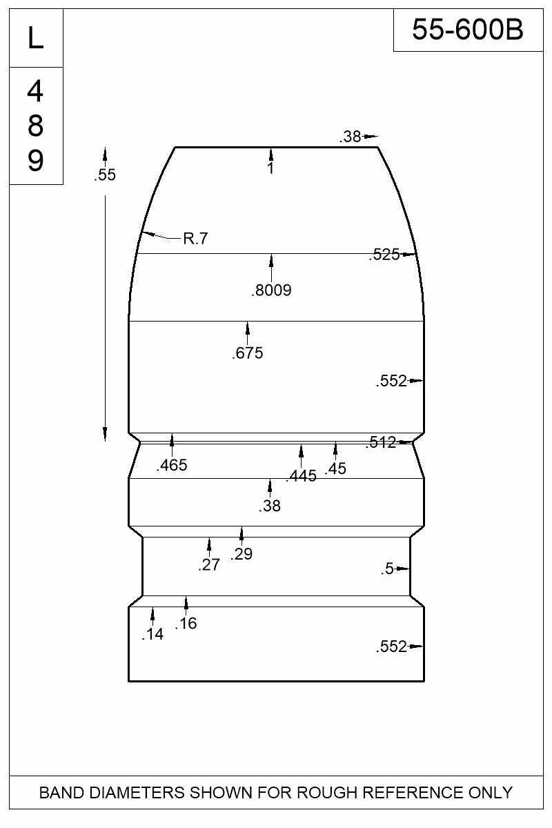Dimensioned view of bullet 55-600B