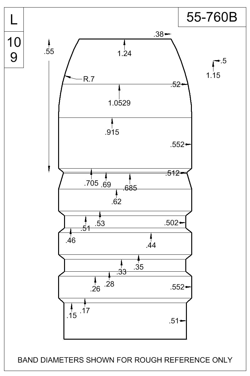 Dimensioned view of bullet 55-760B