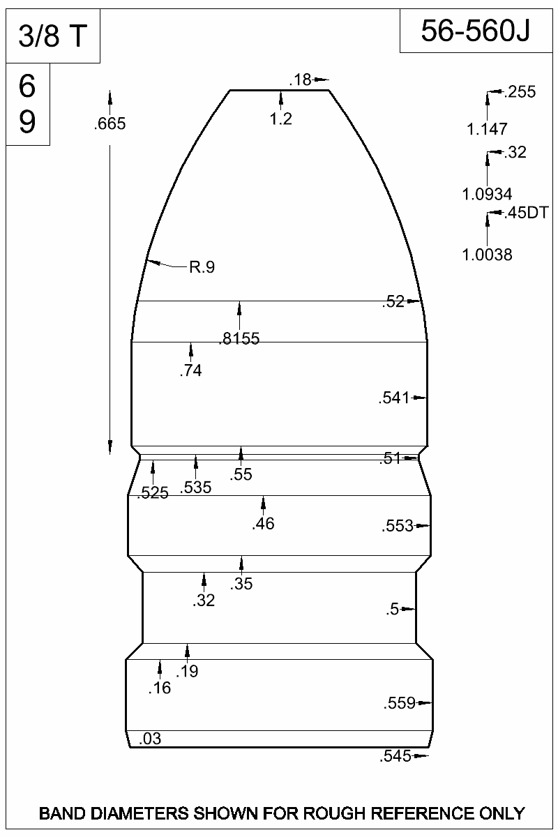 Dimensioned view of bullet 56-650J