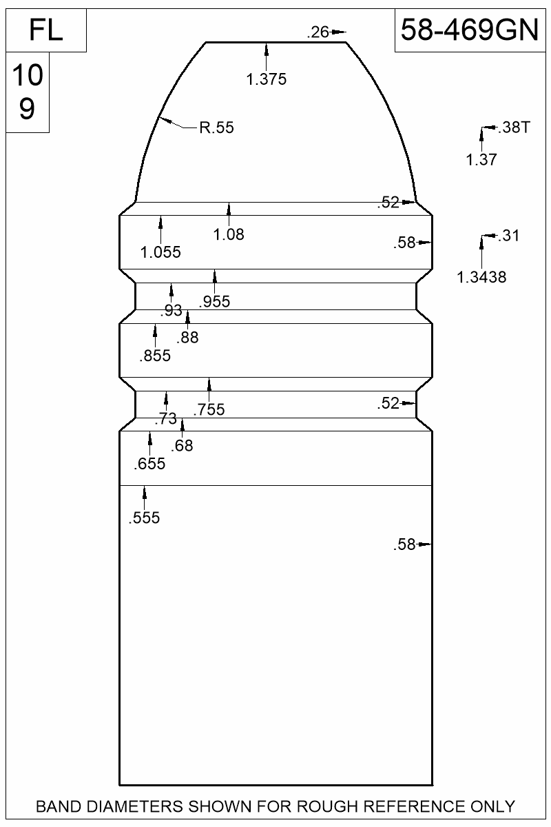 Dimensioned view of bullet 58-469GN