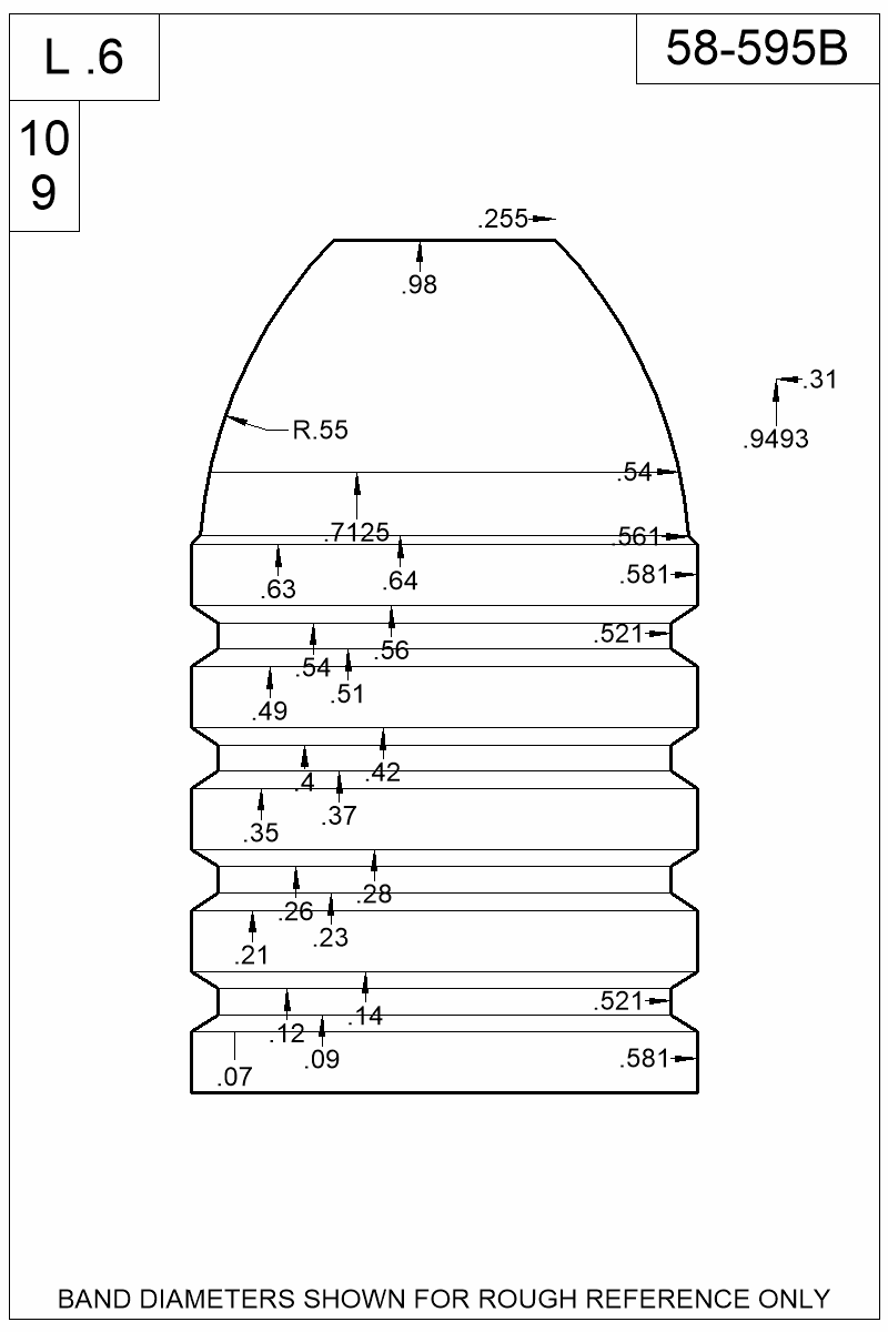 Dimensioned view of bullet 58-595B
