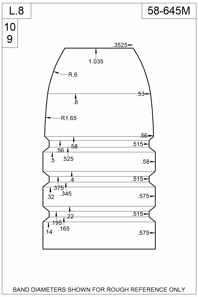 Dimensioned view of bullet 58-645M
