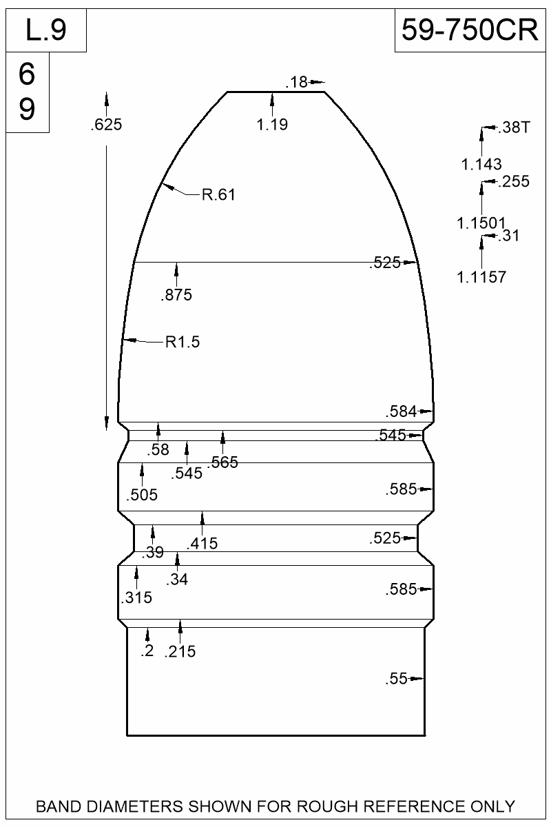Dimensioned view of bullet 59-750CR