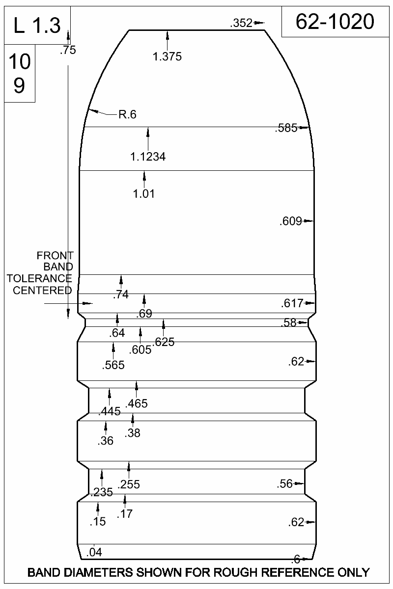 Dimensioned view of bullet 62-1020