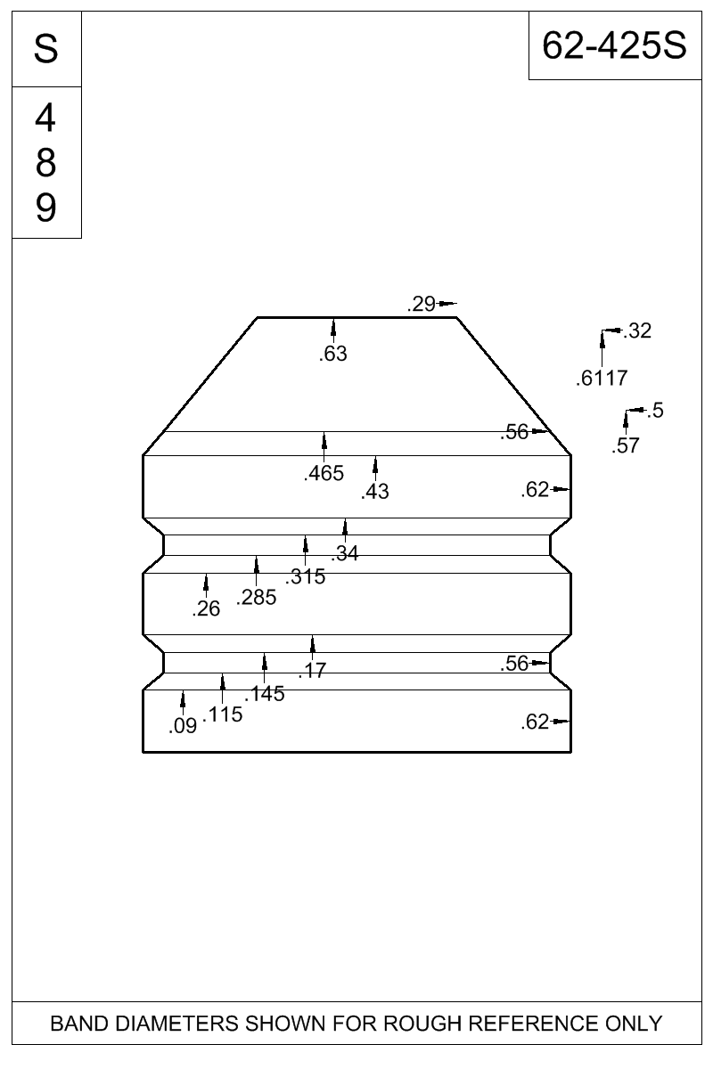 Accurate Molds catalog #62-425S Dimensioned view of bullet 62-425S