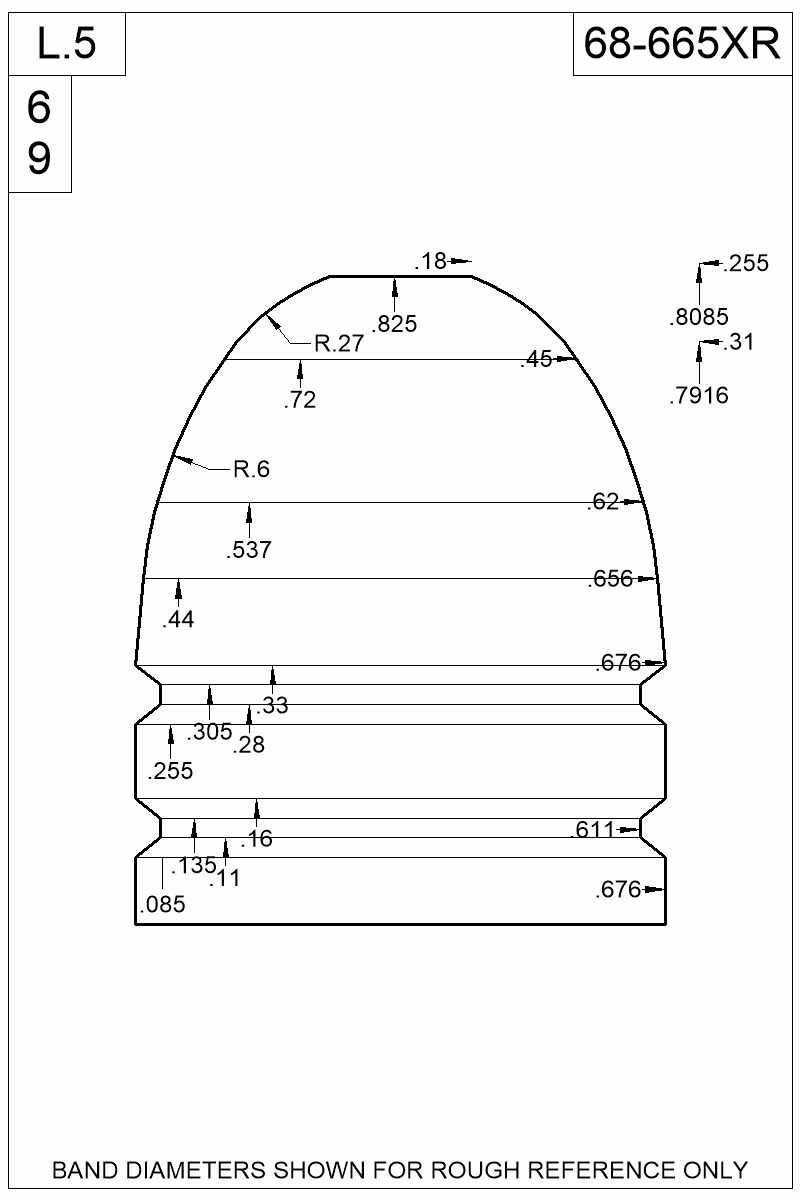Dimensioned view of bullet 68-665XR